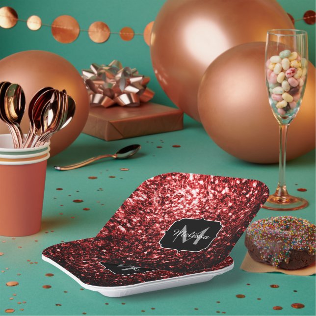Dark Red faux Glitter sparkles Glamour Monogram Paper Plates (Multi)
