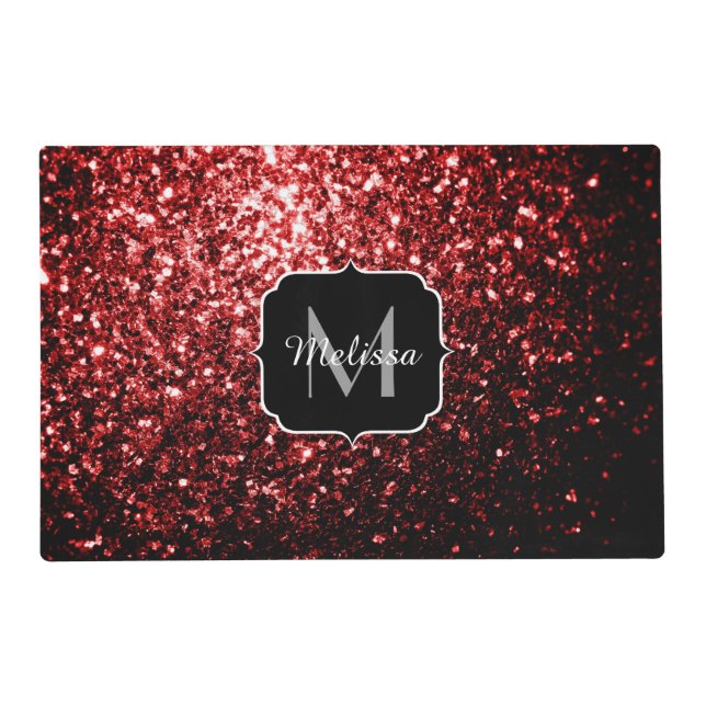 Dark Red faux Glitter sparkles Glamour Monogram Placemat (Front)