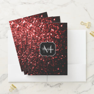 Dark Red faux Glitter sparkles Glamour Monogram Pocket Folder