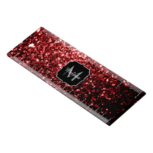 Dark Red faux Glitter sparkles Glamour Monogram Ruler