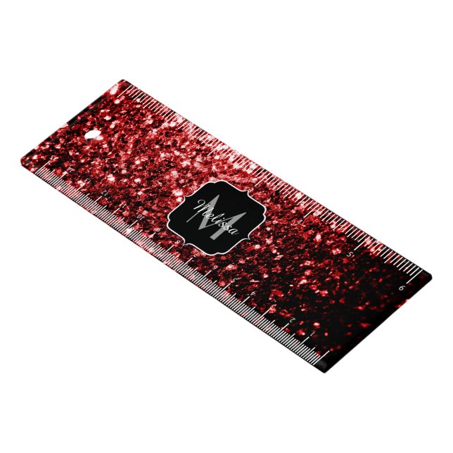 Dark Red faux Glitter sparkles Glamour Monogram Ruler (Angled)