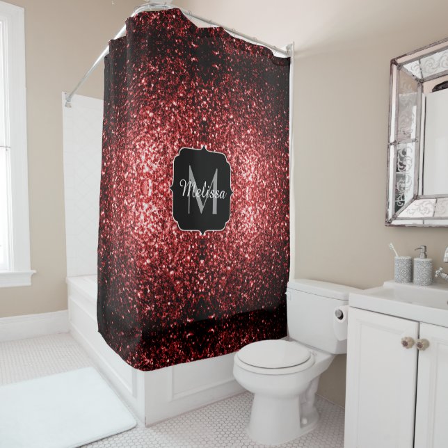 Dark Red faux Glitter sparkles Glamour Monogram Shower Curtain (In Situ)