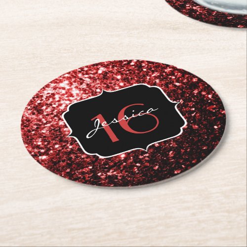 Dark Red faux Glitter sparkles Glamour Sweet 16 Round Paper Coaster