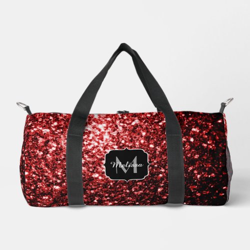 Dark red faux glitter sparkles Monogram Duffle Bag