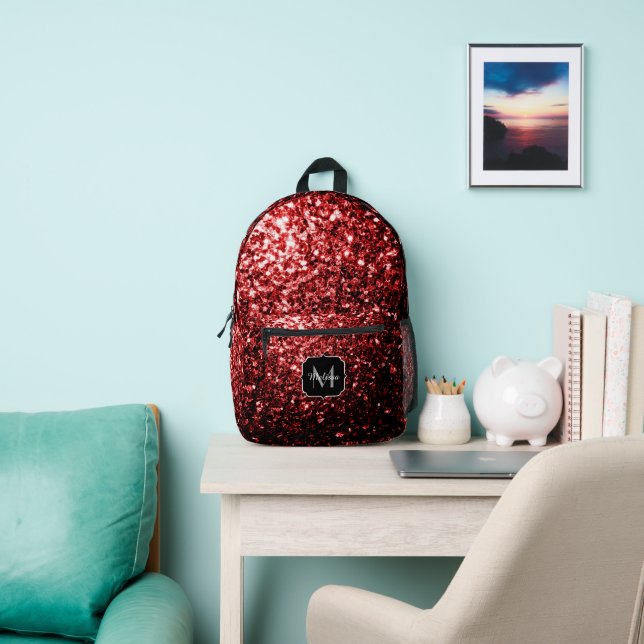 Dark red faux glitter sparkles Monogram Printed Backpack (Insitu)