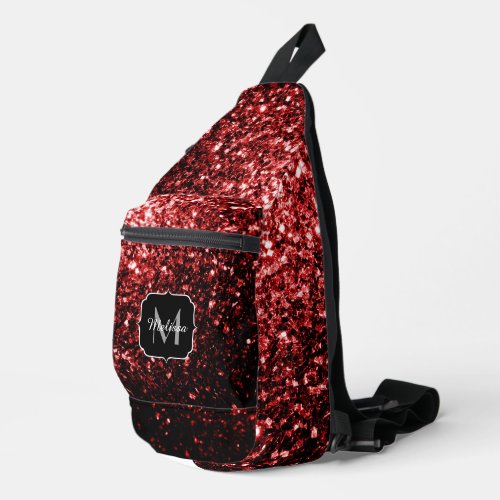Dark red faux glitter sparkles Monogram Sling Bag