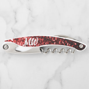 Dark red faux glitter sparkles Monogram Waiter's Corkscrew