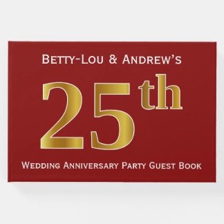 Dark Red, Faux Gold 25th Wedding Anniversary Party Guest Book