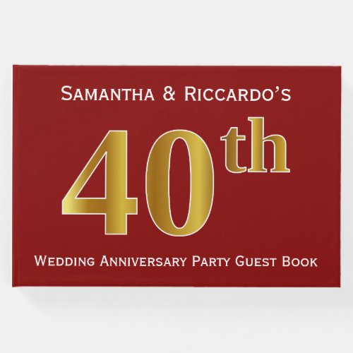 Dark Red Faux Gold 40th Wedding Anniversary Party Guest Book