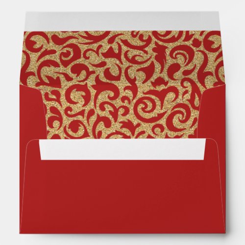 Dark Red Faux Gold Glitter Damask Floral Pattern Envelope