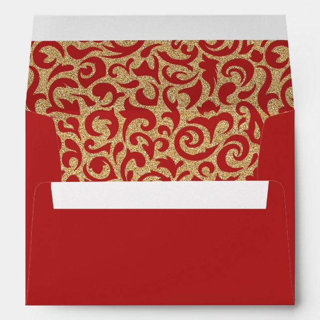 Dark Red Faux Gold Glitter Damask Floral Pattern Envelope (Back (Bottom))