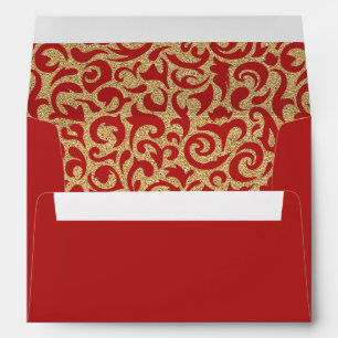 Dark Red Faux Gold Glitter Damask Floral Pattern Envelope