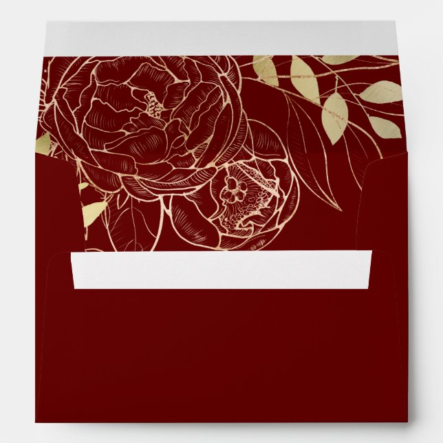 Dark Red & Faux Gold Peony Modern Floral Wedding Envelope (Back (Bottom))