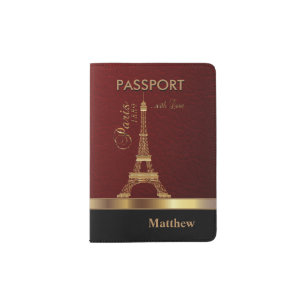 Dark Red Faux Leather with Gold Paris Accent Passport Holder