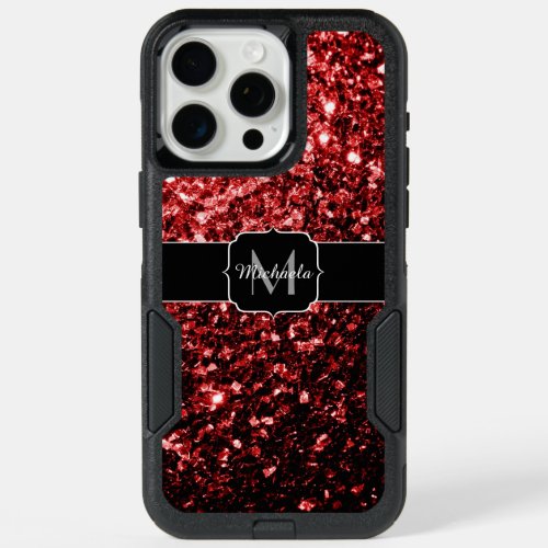 Dark red faux sparkles bling initial name Monogram iPhone 15 Pro Max Case