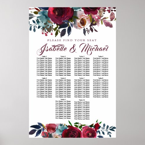 Dark Red Floral 10_Table Wedding Seating Chart
