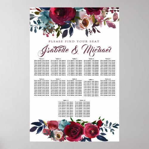 Dark Red Floral 12_Table Wedding Seating Chart