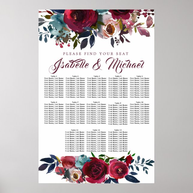 Dark Red Floral 13-Table Wedding Seating Chart (Front)