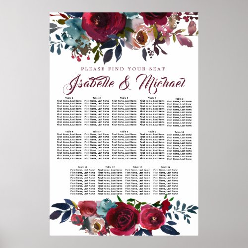Dark Red Floral 14_Table Wedding Seating Chart