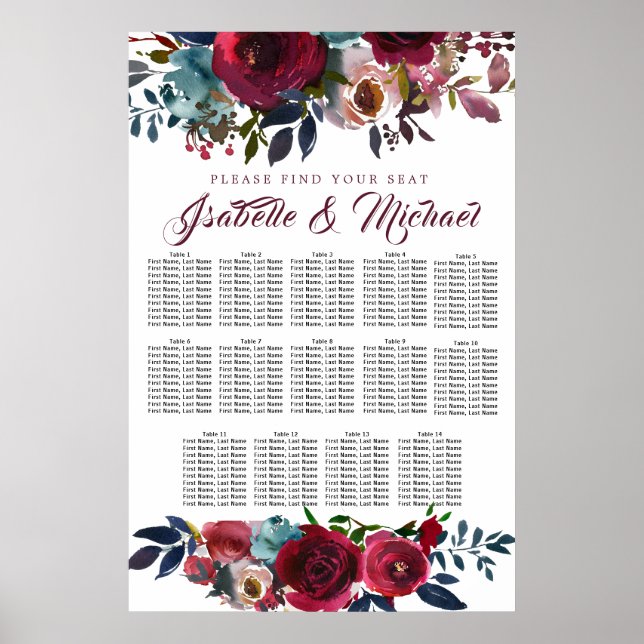 Dark Red Floral 14-Table Wedding Seating Chart (Front)