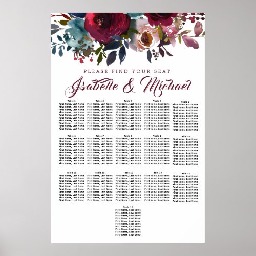 Dark Red Floral 16_Table Wedding Seating Chart
