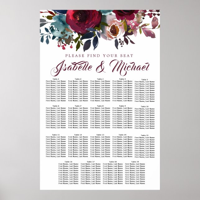 Dark Red Floral 19-Table Wedding Seating Chart (Front)