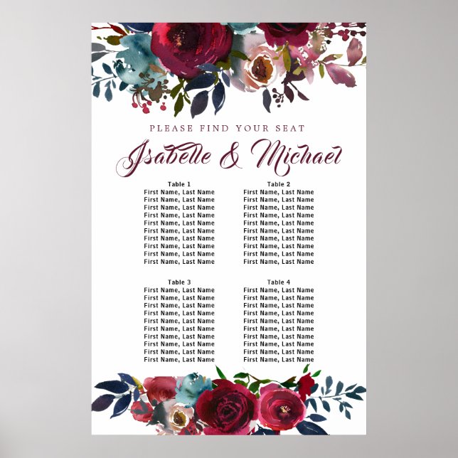 Dark Red Floral 4-Table Wedding Seating Chart (Front)