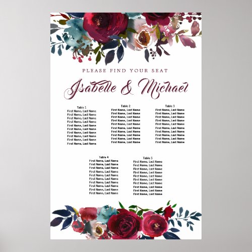 Dark Red Floral 5_Table Wedding Seating Chart