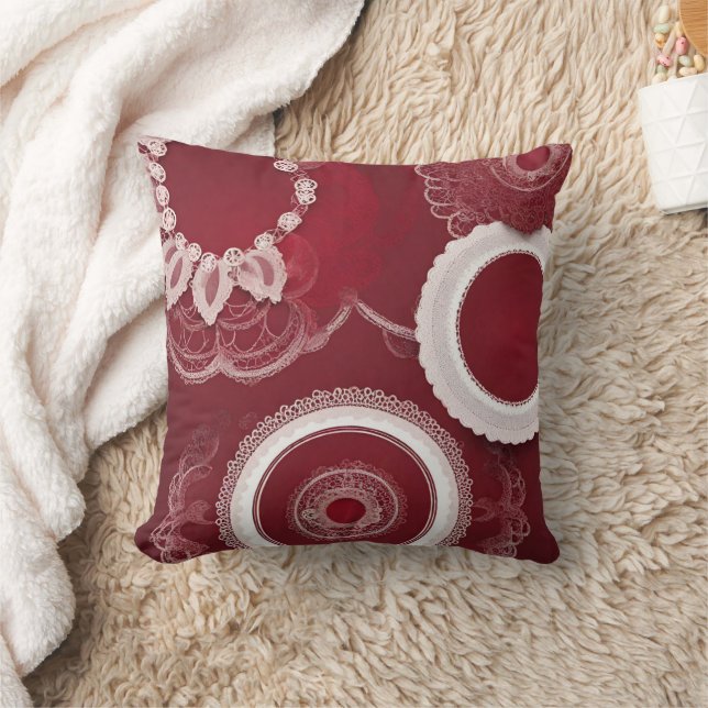 Dark Red Floral AI art  Throw Pillow (Blanket)