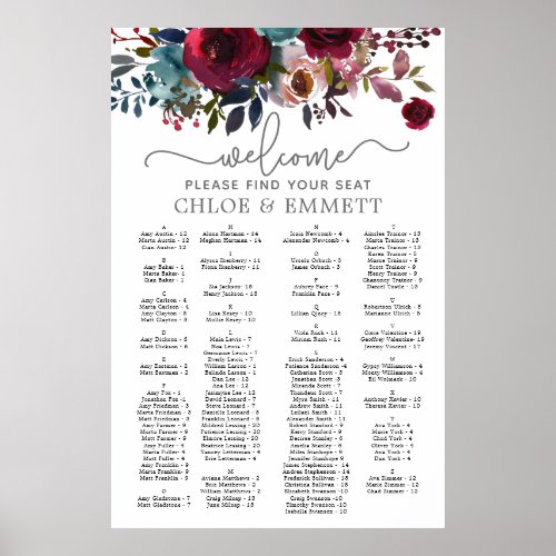 Dark Red Floral Alphabetical Wedding Seating Chart