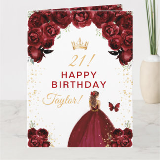 Dark Red Floral Brown Hair Girl Happy Birthday Card