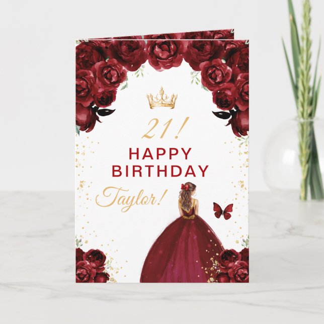 Dark Red Floral Brown Hair Girl Happy Birthday Card (Front)