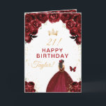 Dark Red Floral Brunette Hair Girl Happy Birthday Card<br><div class="desc">This elegant and glamorous birthday card can be personalized with a name or title such as daughter, granddaughter, niece, friend etc. The design features a beautiful princess with brunette hair in a burgundy red ball gown. The text combines handwritten script and modern sans serif fonts for a classy and sophisticated...</div>