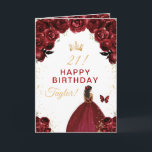 Dark Red Floral Dark Skin Girl Happy Birthday Card<br><div class="desc">This elegant and glamorous birthday card can be personalized with a name or title such as daughter, granddaughter, niece, friend etc. The design features a beautiful princess with dark skin in a burgundy red ball gown. The text combines handwritten script and modern sans serif fonts for a classy and sophisticated...</div>