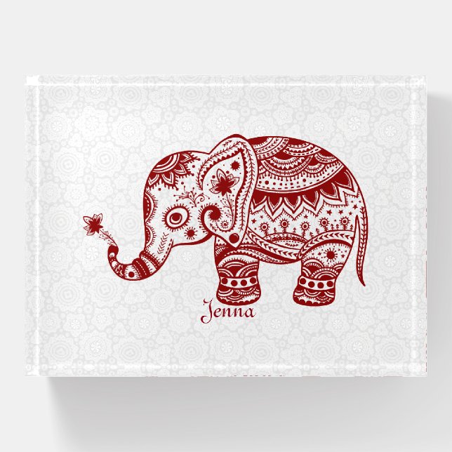 Dark red floral elephant illustration paperweight (Front)