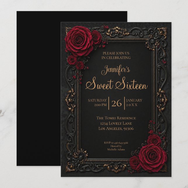 Dark Red floral Gothic Sweet 16 Invitation (Front/Back)