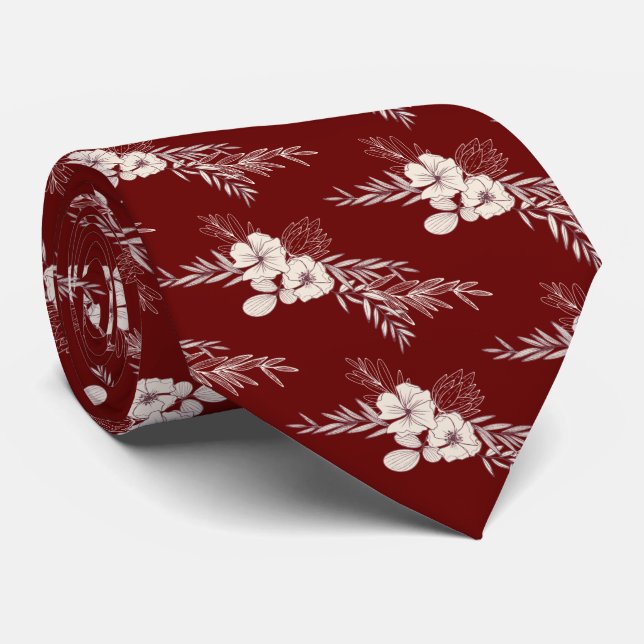 Dark Red Floral Wedding  Neck Tie (Rolled)