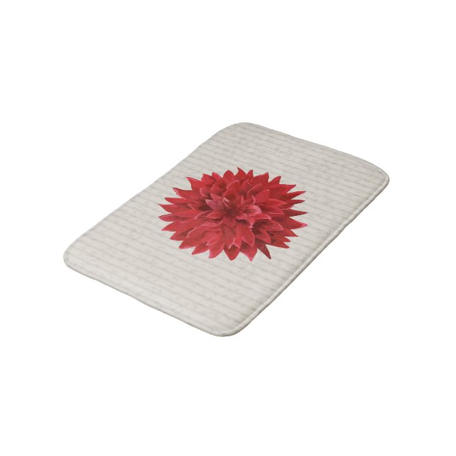 Dark Red Flower Over Beige Stripes Bathroom Mat (Angled)