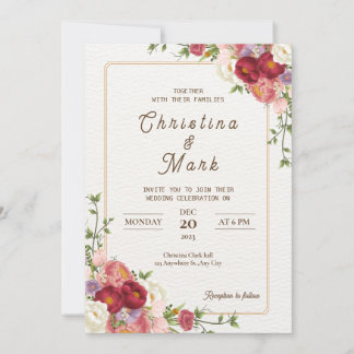 Dark red flowers. Floral Simple Wedding Invitation