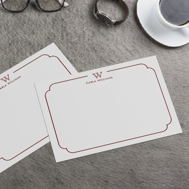 Dark Red Formal Chic Family Monogram Ornate Frame Note Card (Creator Uploaded)