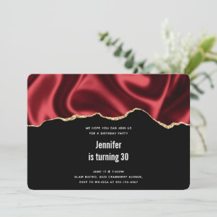 Dark Red Glam Wavy Satin Abstract Design Birthday Invitation
