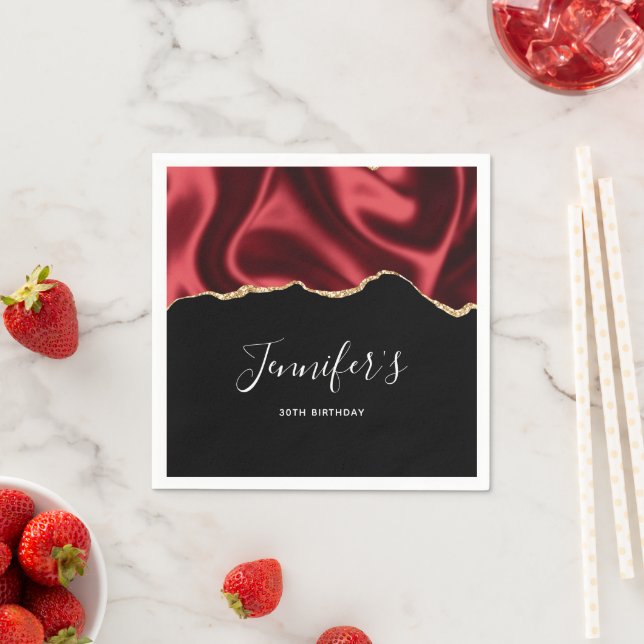 Dark Red Glam Wavy Satin Abstract Design Birthday Napkins (Insitu)