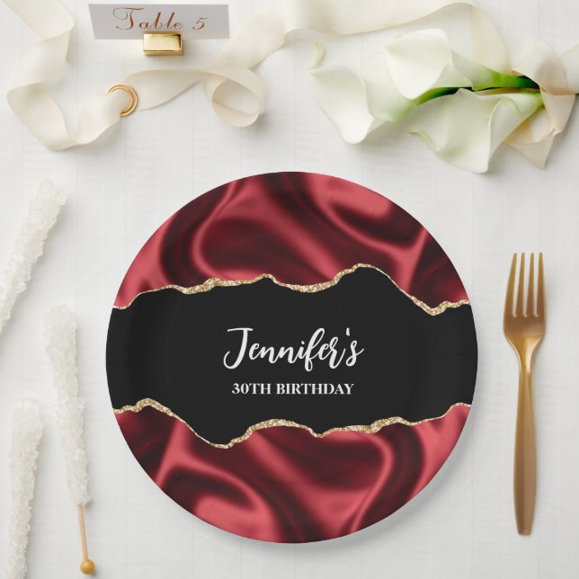 Dark Red Glam Wavy Satin Abstract Design Birthday Paper Plates (Wedding)