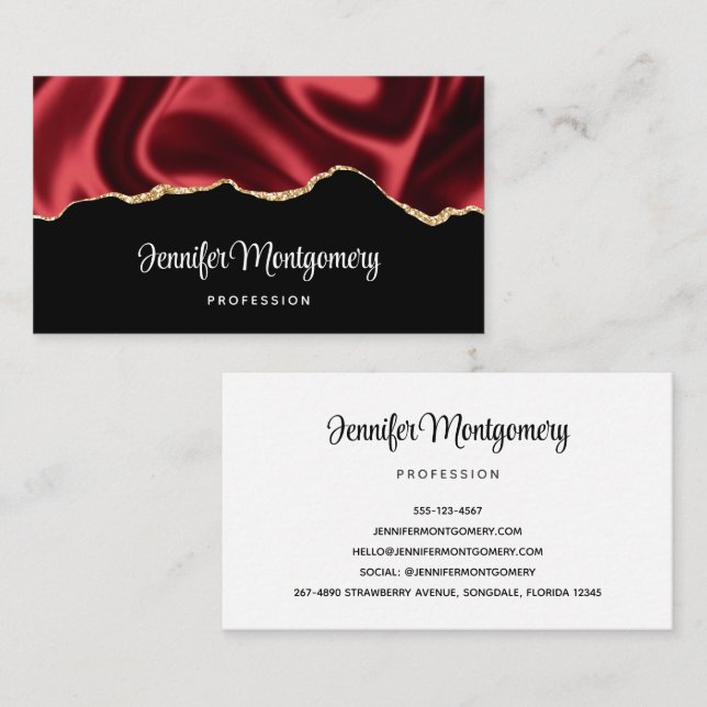 Dark Red Glam Wavy Satin Abstract Design Business Card (Front/Back)