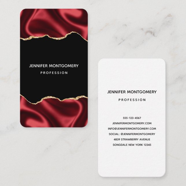 Dark Red Glam Wavy Satin Abstract Design Business Card (Front/Back)