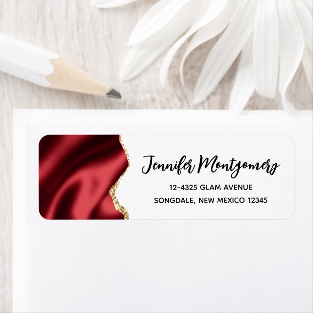 Dark Red Glam Wavy Satin Abstract Design Label (Insitu)