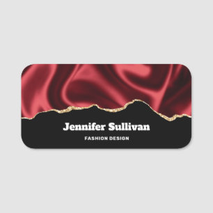 Dark Red Glam Wavy Satin Abstract Design - Name Tag