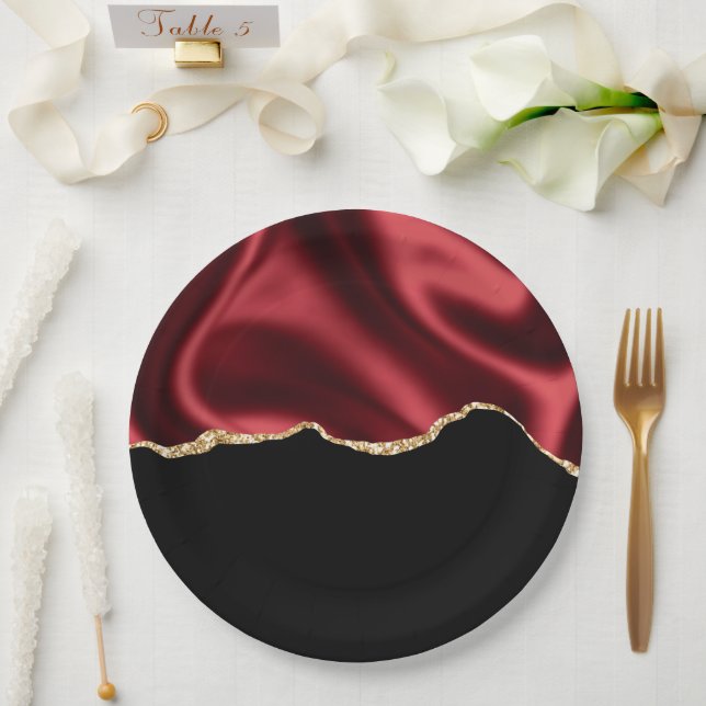 Dark Red Glam Wavy Satin Abstract Design Paper Plates (Wedding)