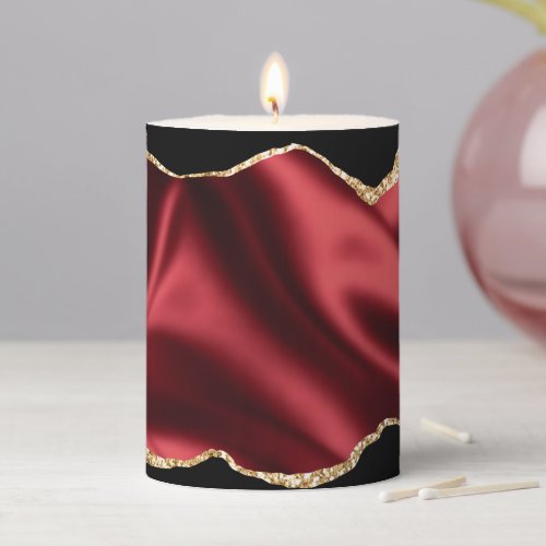 Dark Red Glam Wavy Satin Abstract Design Pillar Candle