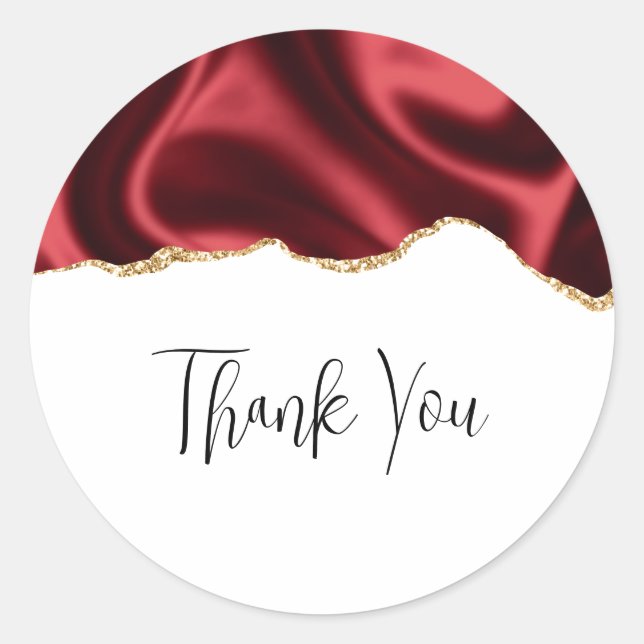 Dark Red Glam Wavy Satin Abstract Design Thank You Classic Round Sticker (Front)